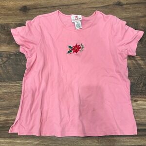 Quaker Factory Women's‎ Large Pink Embroidered Poinsettia Short Sleeve T-Shirt